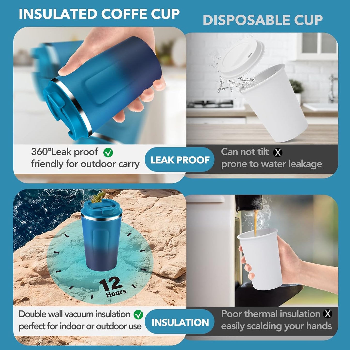 Volhoply 12 oz Double Wall Insulated Vacuum Travel Coffee Mugs with Flip Lid Bulk 2 Pack,Reusable Stainless Steel Leak Proof Coffee Cup,Portable Thermal Tumbler for Cold & Hot Drinks(Dark Night,2 Set)