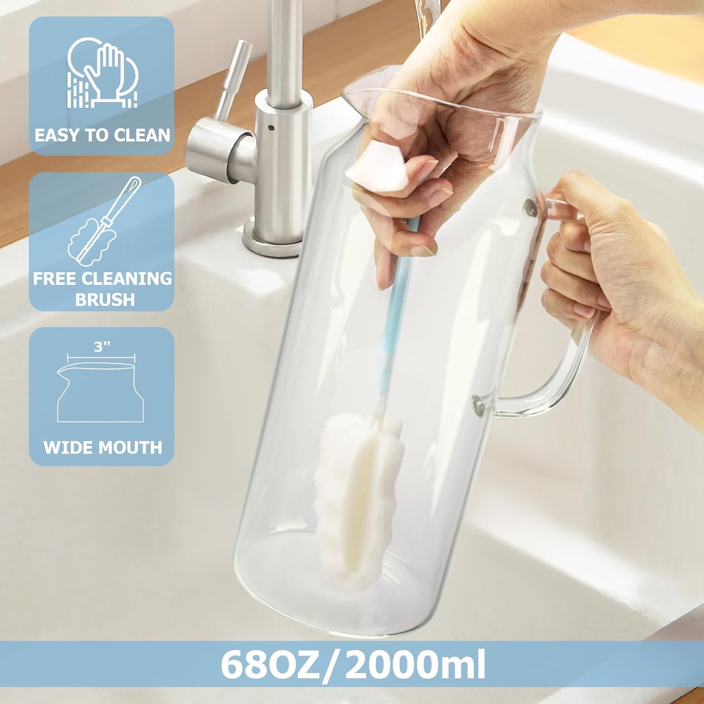 Yirilan Glass Pitcher, 2 Liter(68oz) Water Pitcher with Lid and Spout, Large Pitchers for Drinks, Glass Water Carafe, Glass Jug, Beverage Pitchers