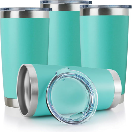 DOMICARE 20oz Stainless Steel Tumbler Bulk with Lid, Double Wall Vacuum Insulated Travel Mug, Powder Coated Coffee Cup, Light Blue, 4 Pack