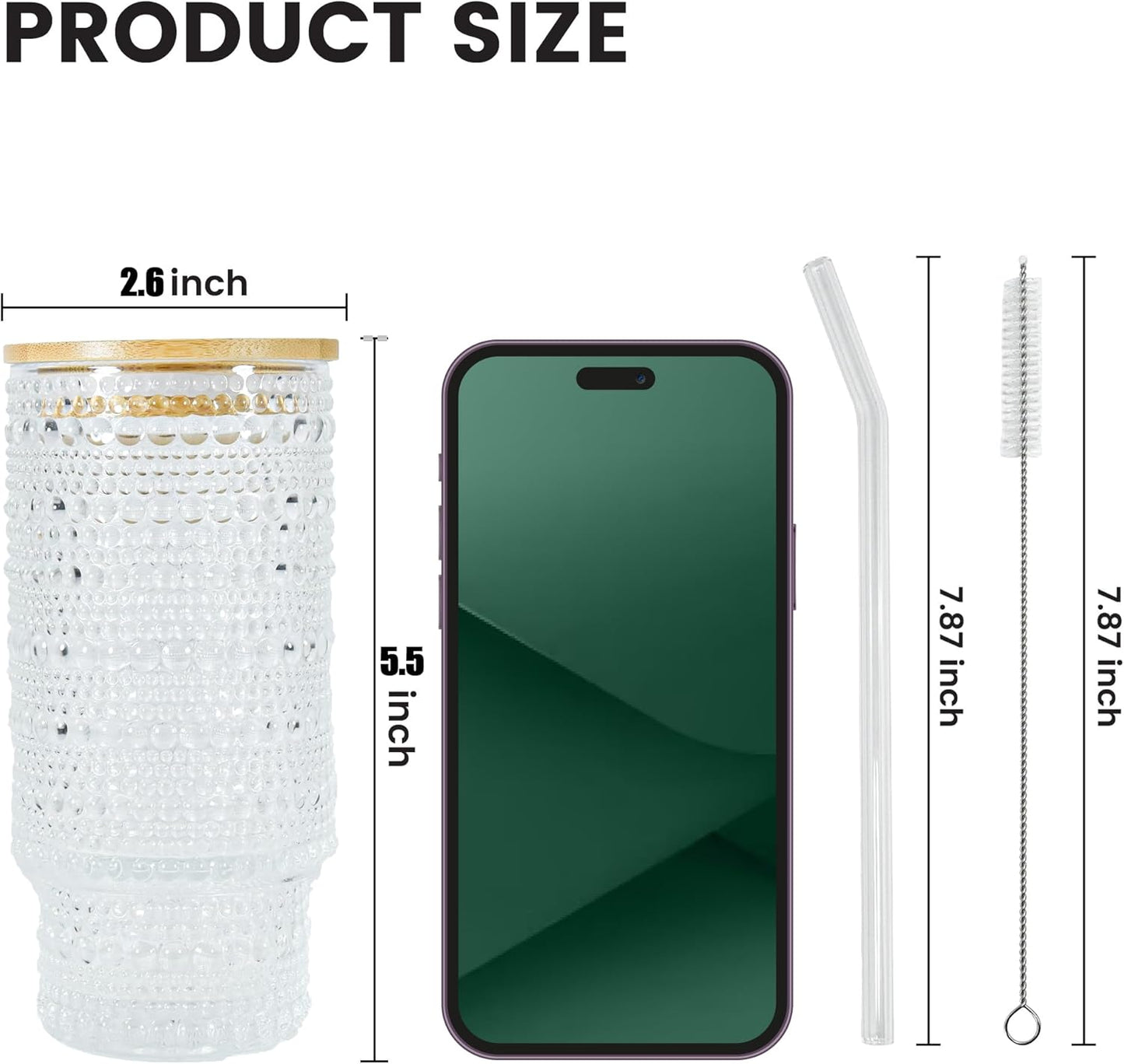 2 Pcs 11 oz Drinking Glasses Cups Set with Bamboo Lids Straws Brush Hobnail Small Drinking Glassware Set for Juice Iced Coffee Beer Cocktail Whiskey(Hobnail*2)