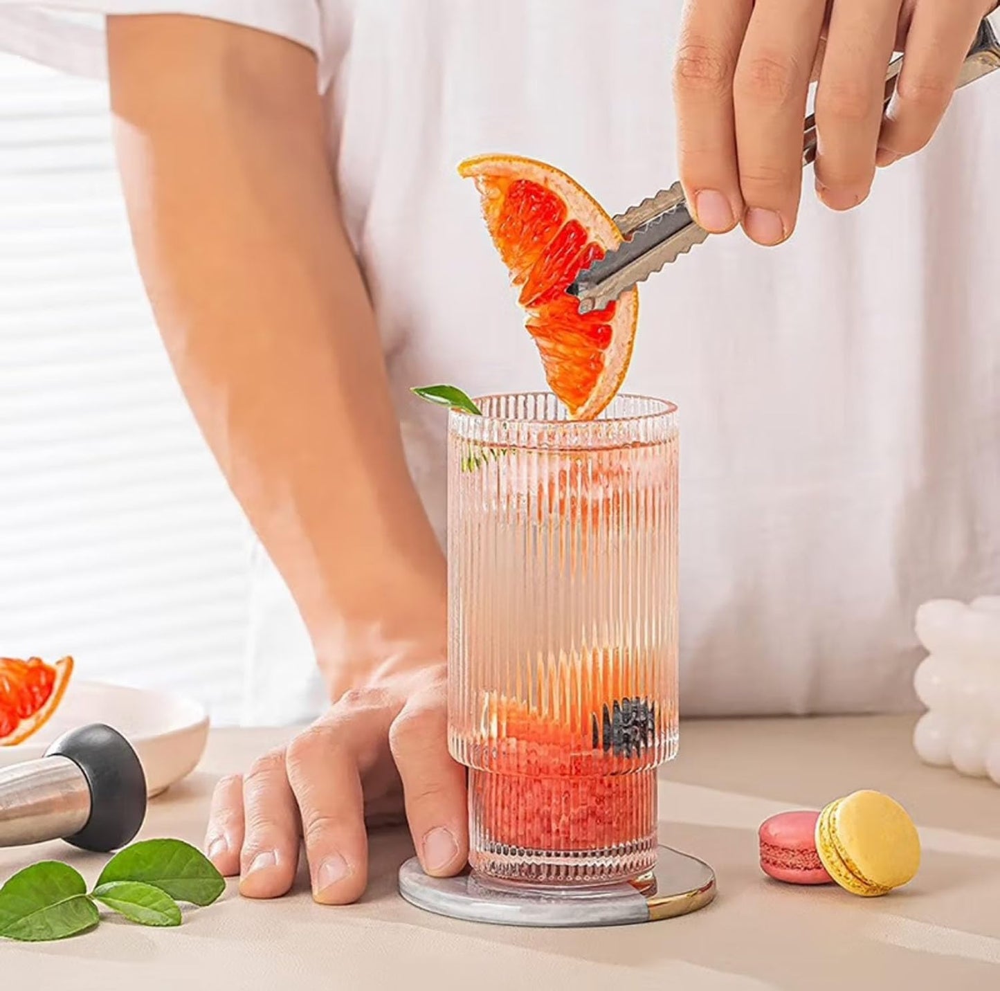 16OZ Ribbed Glass Cups with Lids and Straws,Iced Coffee Cups with Lid,Vintage Glassware for Whiskey Cocktail Beer Fruit Juice Glasses Tumbler(1Pack)