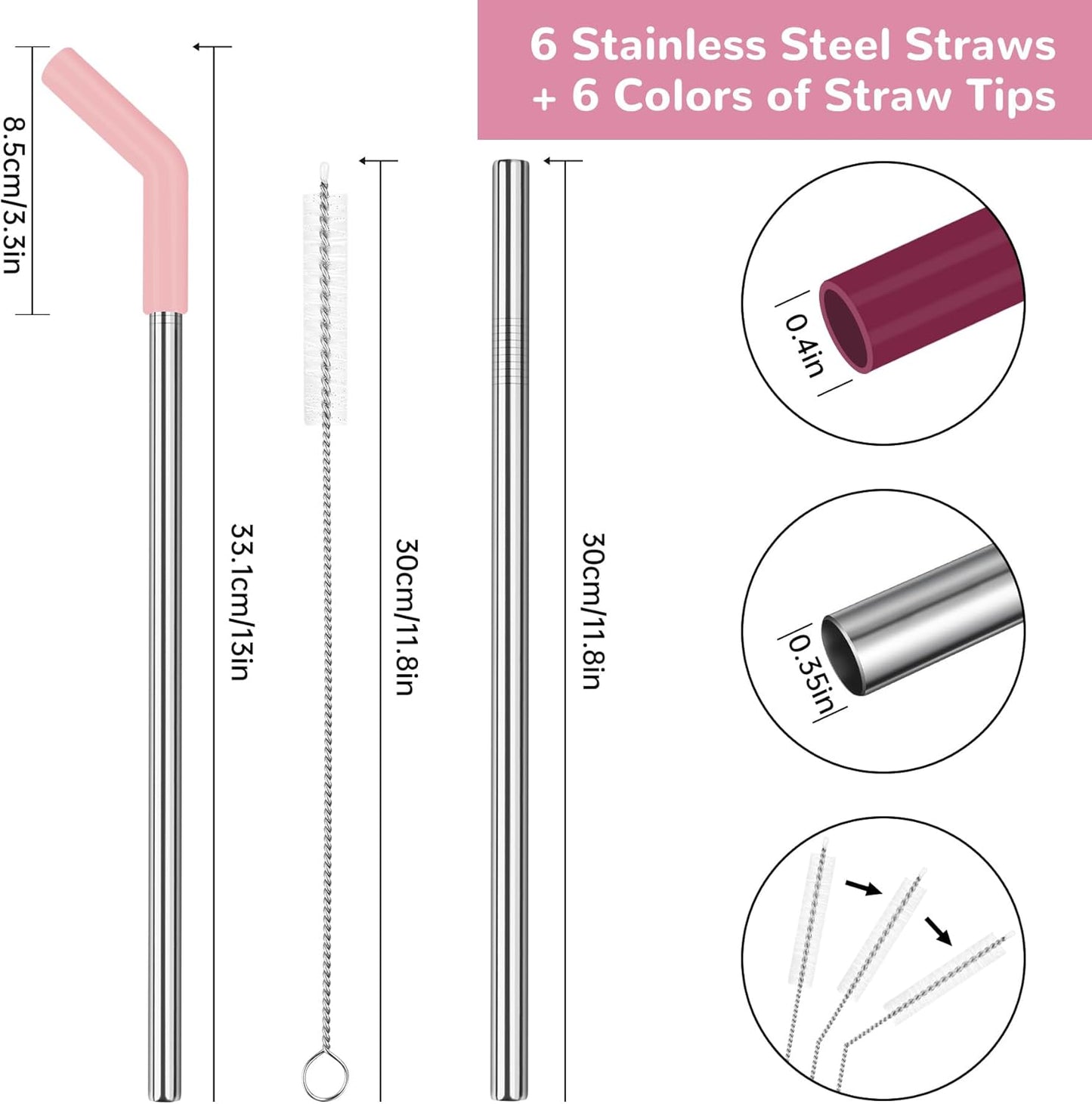 Tomorotec 6PCS Stainless Steel Straws with Silicone Tips for Stanley Tumbler 40oz, 13-Inch Reusable Straw Set with Colorful Extenders & 2 Brushes, Compatible with Wide Mouth Cups (Pink Series)