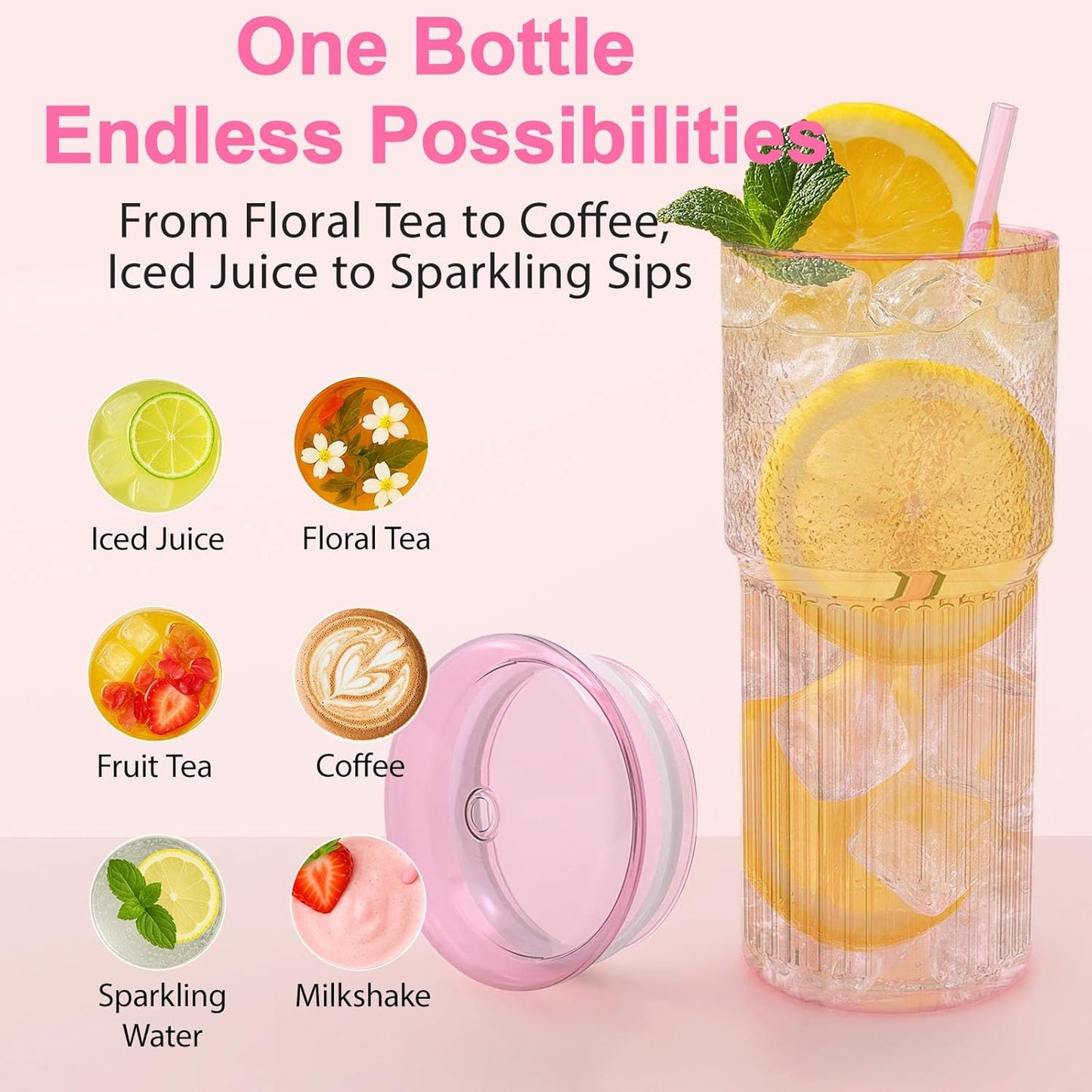 Glass Cups with Lids and Glass Straws, High Borosilicate 20OZ Pink Tumblers (2Pcs) for Coffee, Tea, Juice, Smoothies, Hot & Cold Drinks at Home/Office