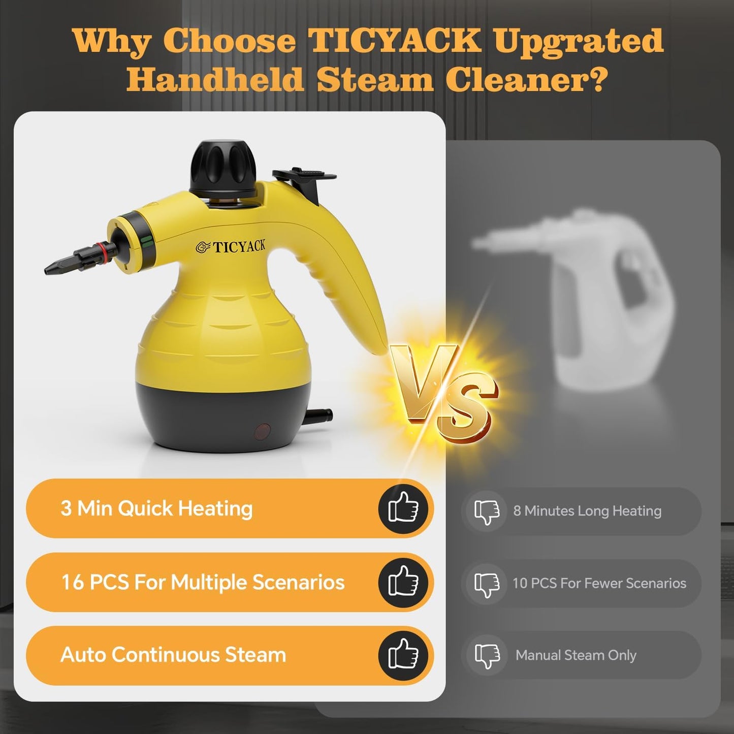 Steam Cleaner, Handheld Steam Cleaner, Steam Cleaner for Home with 16 Accessories and Automatic Steam Switch, Steamer for Cleaning Home, Living Room, Kitchen, Bathroom, Car (Yellow)