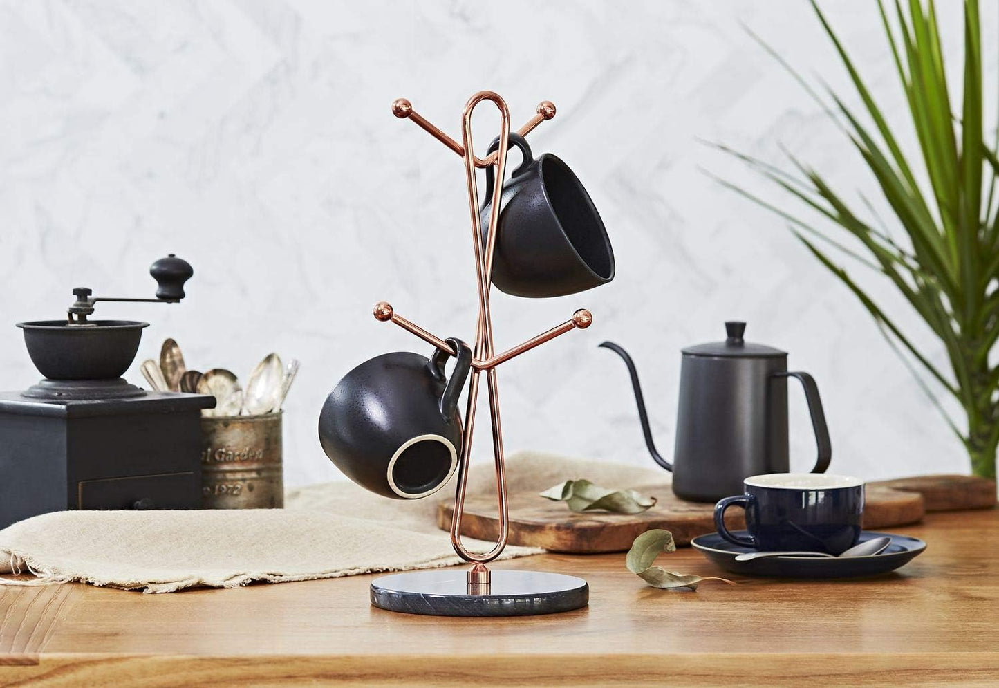 JEmarble Mug Holders with Copper Plated Standing(Black) Countertop Mug Tree, Coffee Mugs & Tea Cup Storage Rack, Coffee Counter Bar Accessory & Kitchen Organizer