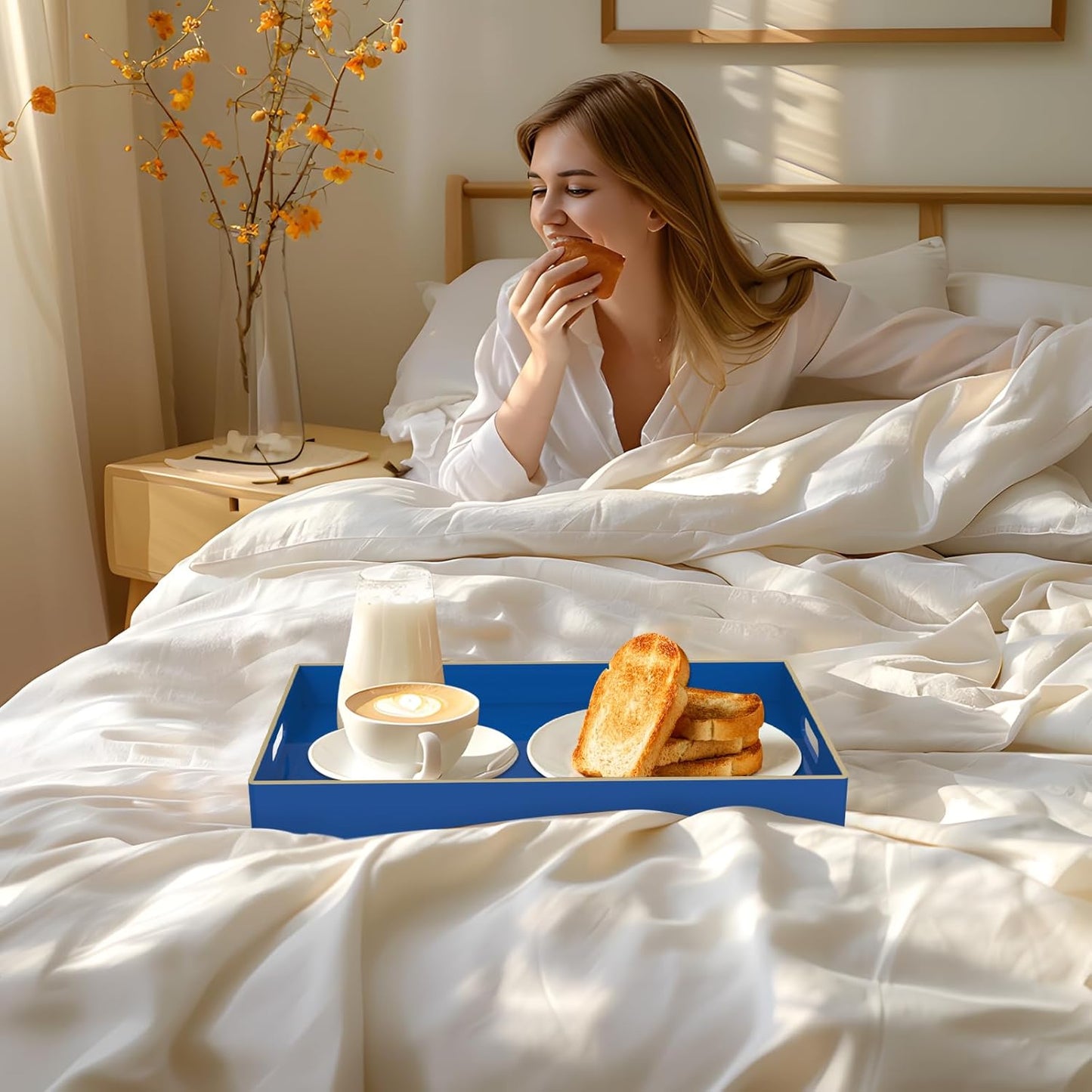 MAONAME Navy Blue Serving Tray with Handles, Modern Decorative Tray for Coffee Table, Plastic Rectangular Tray for Ottoman, Bathroom, Decor, 15.8” x 10.2” x1.4