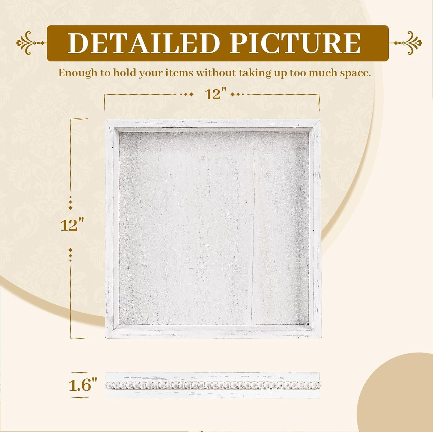 MAONAME Wood Serving Tray, Farmhouse Wooden Tray for Coffee Table, Rustic Square Trays with Beads, Vintage White Decorative Trays for Living Room, Kitchen, 12" X 12" X 1.6"