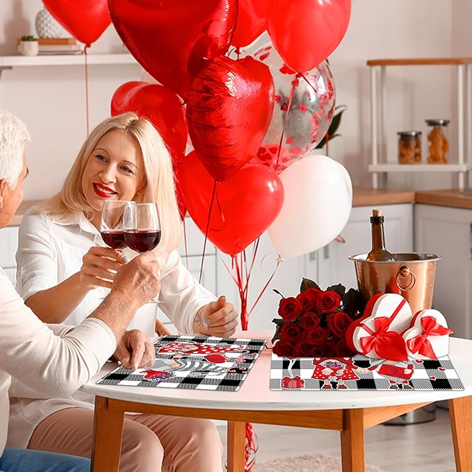 Valentine's Day Placemats Set of 6 Gnomes Plastic Table Mats Buffalo Plaid Place Mats Washable Vinyl Love Hearts Table Decoration for Anniversary Wedding Party Kitchen Dining Table
