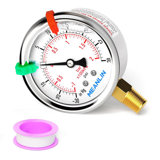 MEANLIN MEASURE -30inHG~30Psi Vacuum Pressure Gauge 1/4" NPT 2.5" FACE DIAL, Stainless Steel Liquid Filled Pressure Gauge WOG Water Oil Air Lower Mount (with 2PCS Snaps)