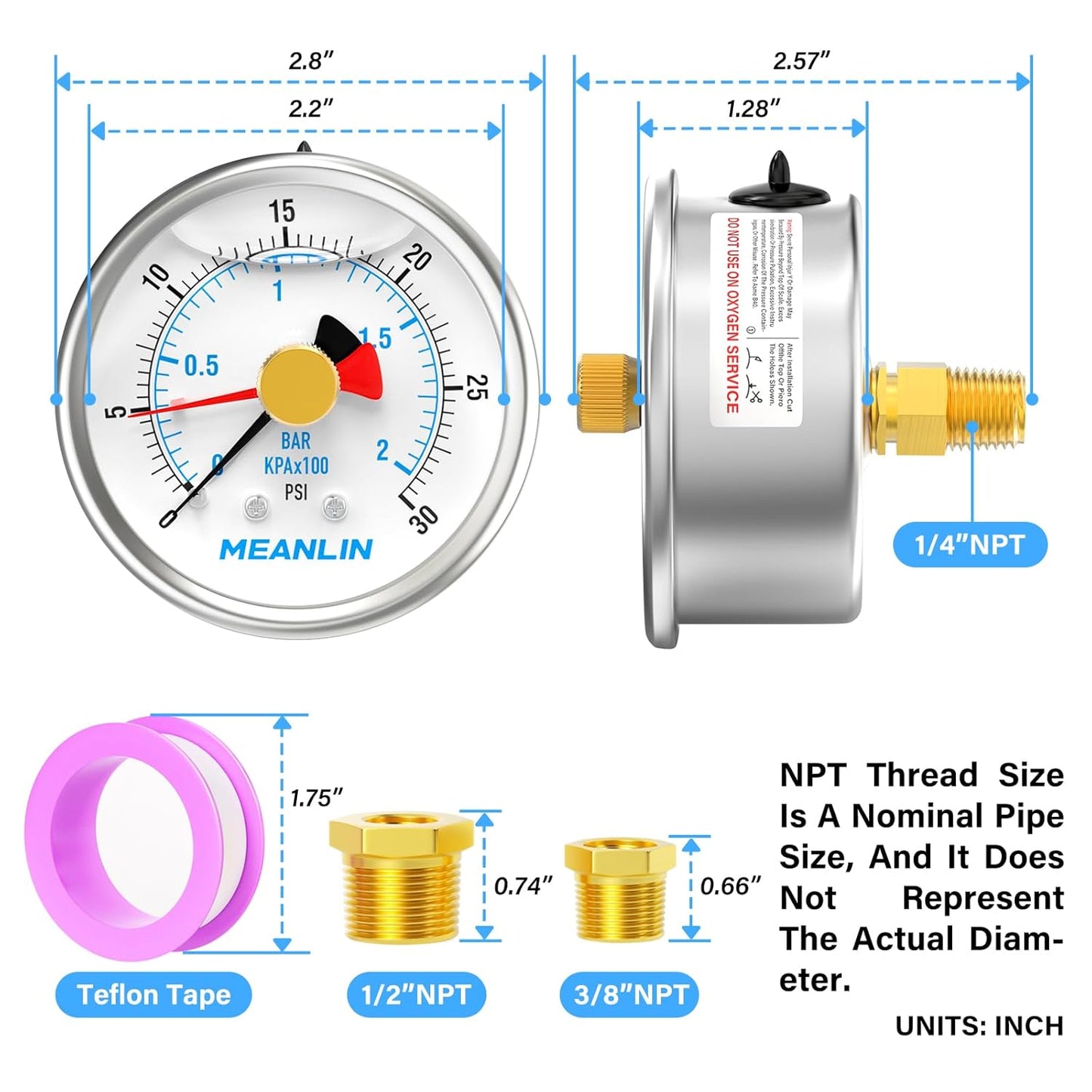 MEANLIN MEASURE 0~30Psi Stainless Steel 1/4" NPT 2.5" FACE DIAL with Reset Pointer Liquid Filled Pressure Gauge WOG Water Oil Air, Back Mount, with Brass Hex Bushing