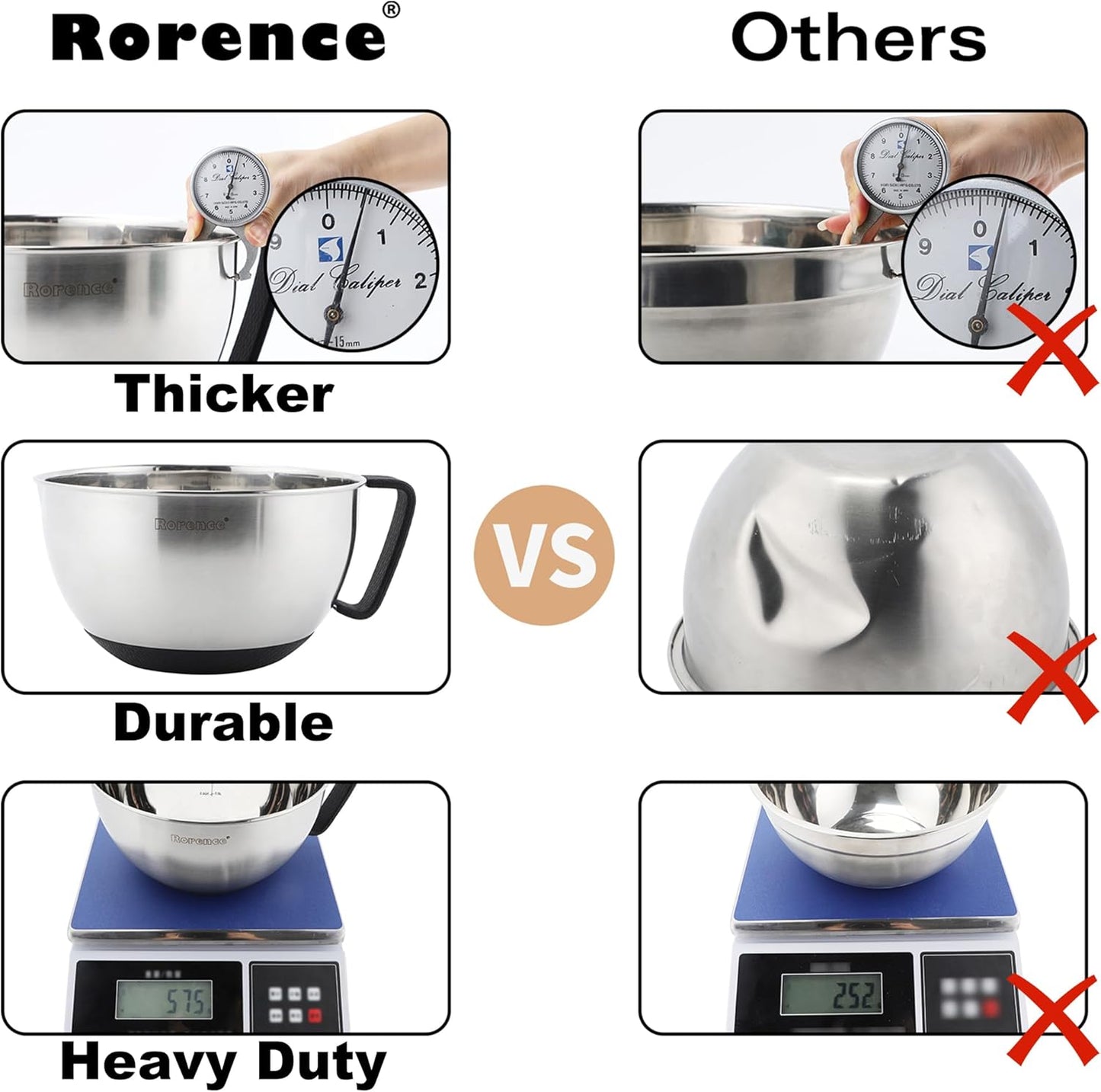 Rorence Stainless Steel Mixing Bowls: Metal Mixing Bowl Set with Lids and Handles Non-slip Silicone Bottom Nesting Bowls for Kitchen Set of 3 - Black