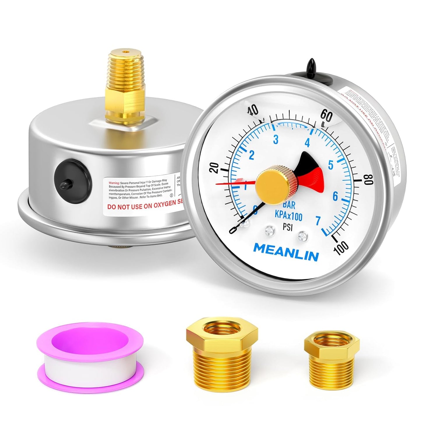 MEANLIN MEASURE 0~100Psi Stainless Steel 1/4" NPT 2.5" FACE DIAL with Reset Pointer Liquid Filled Pressure Gauge WOG Water Oil Air, Back Mount, with Brass Hex Bushing