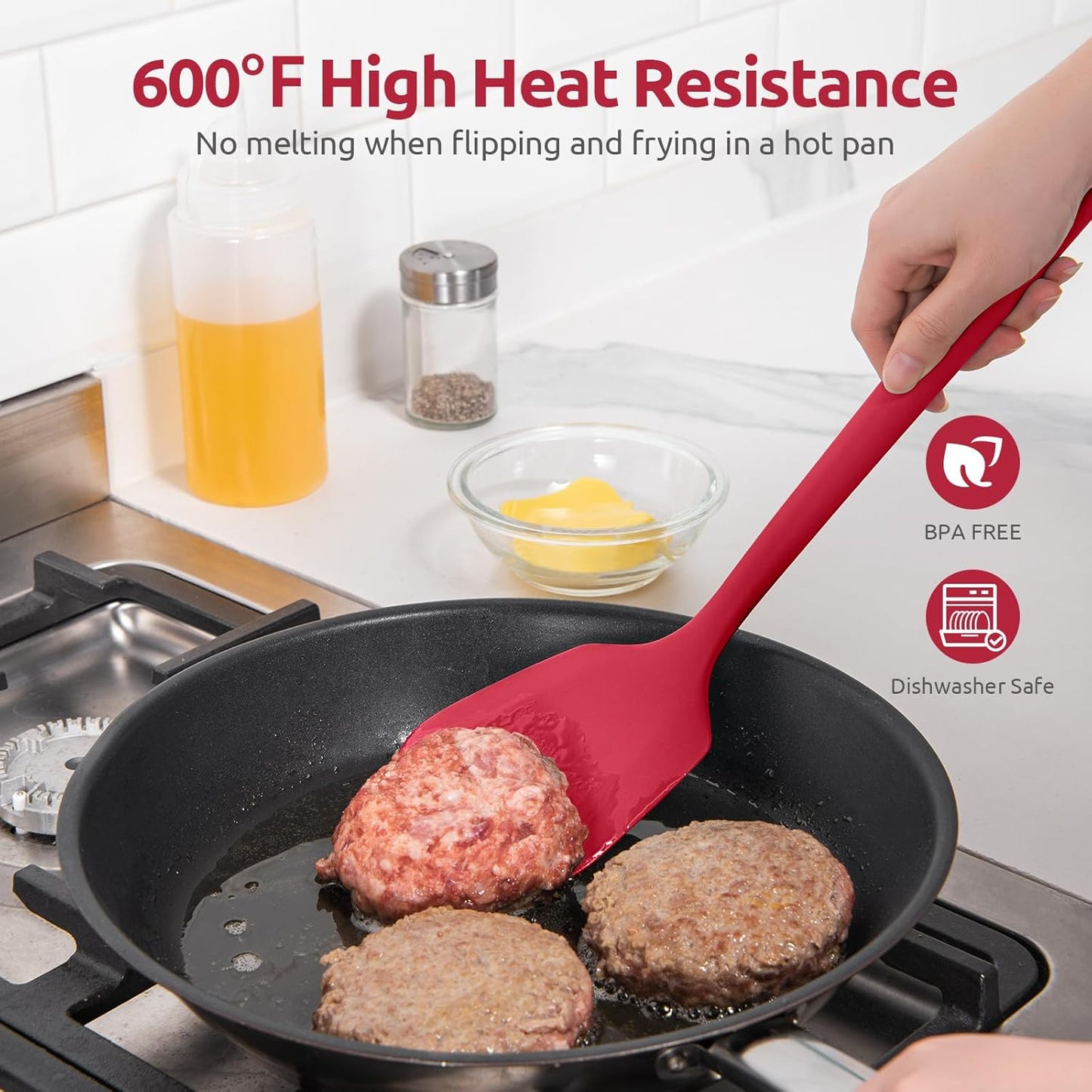 600ºF Heat Resistant Silicone Turner: U-Taste 13.6in Solid Kitchen Spatula Flipper, Food Grade Flexible & Thin Rubber Seamless Cooking Utensil for Flipping Egg, Pancake in Nonstick Cookware (Red)