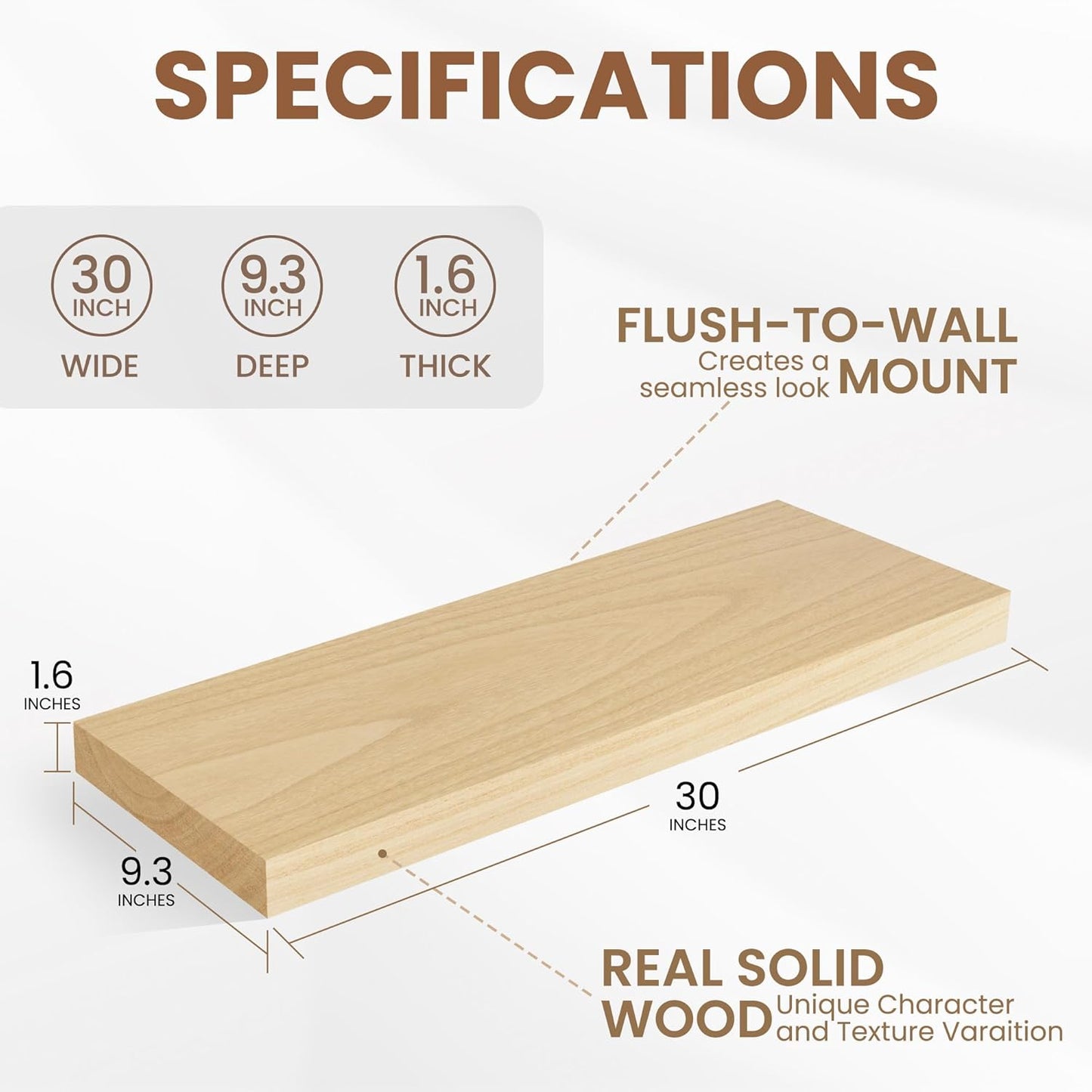 Fun Memories Deep Floating Shelves 30 Inch Long, Natural Wood Floating Shelf for Wall, Set of 2, Rustic 9 Inch Deep Wall Shelves, Deep Bathroom Shelves for Storage & Display, Burlywood