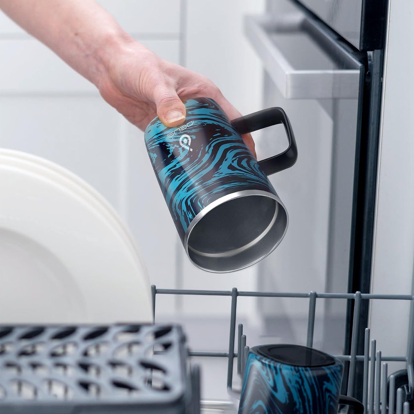 Ideus Vacuum Insulated Coffee Mug, 16oz Reusable Stainless Steel Thermal Double Walled cup with Handle and Slider Lid for Hot & Cold Beverages, BPA Free (Blue Zebra)