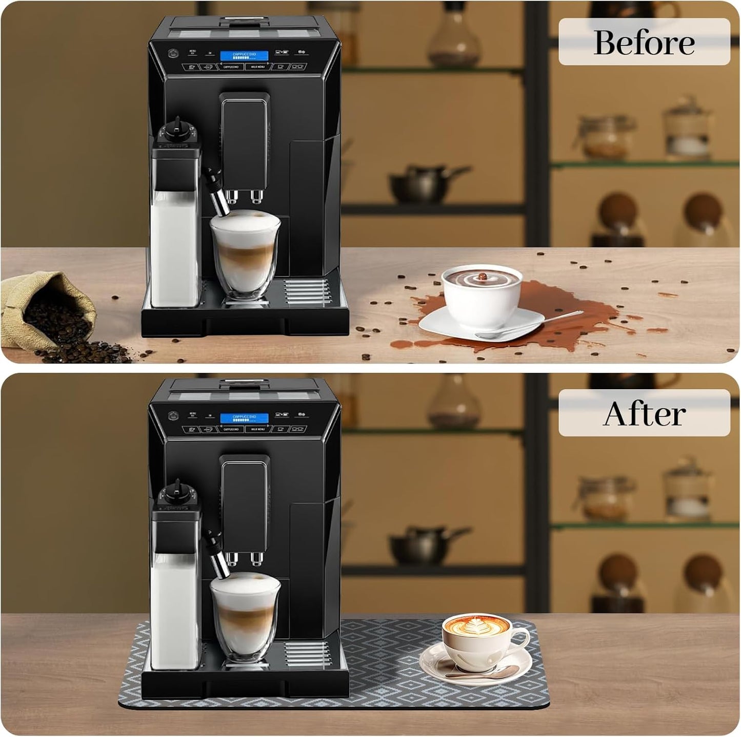 Bloss Dish Drying Mat, 12"x19" Absorbent Coffee Bar Mat with Waterproof Rubber Back, Fit Under Coffee Maker Machine/Kitchen Counter(Gray-White Plaid)