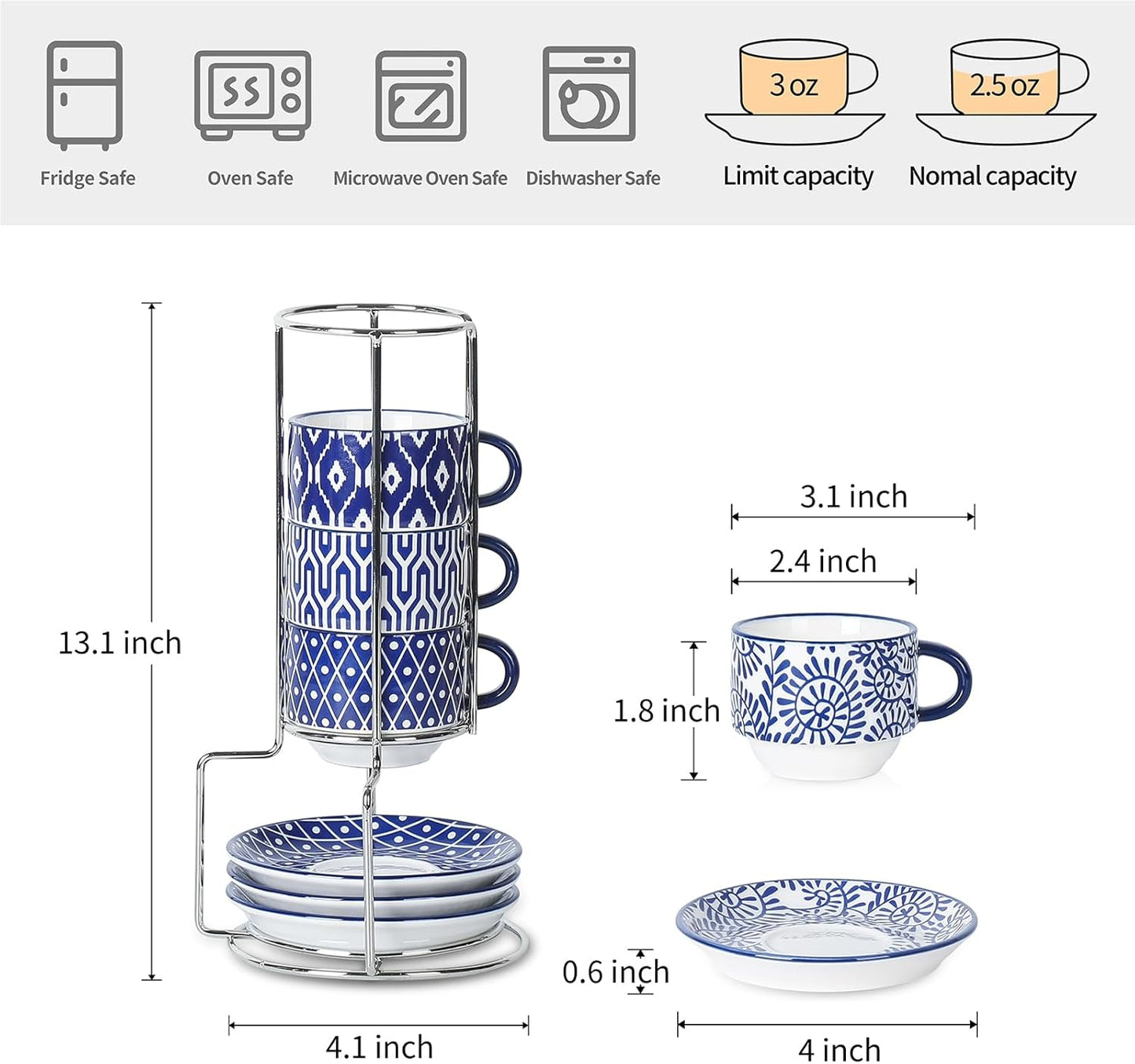 Selamica Ceramic Espresso Cups with Saucers and Metal Stand, 2.5 OZ Stackable Demitasse Cups for Espresso Latte Café Mocha Tea, Set of 4, Vintage Blue