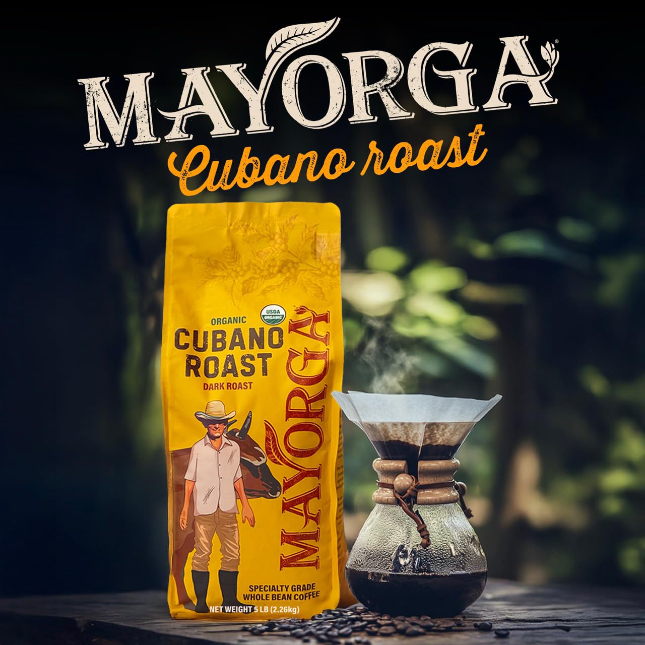 Mayorga Dark Roast Coffee 5lb bag Cubano Roast 100% Arabica Café Whole Coffee Beans - Smoothest Organic Coffee - Specialty Grade, Non-GMO, Direct Trade