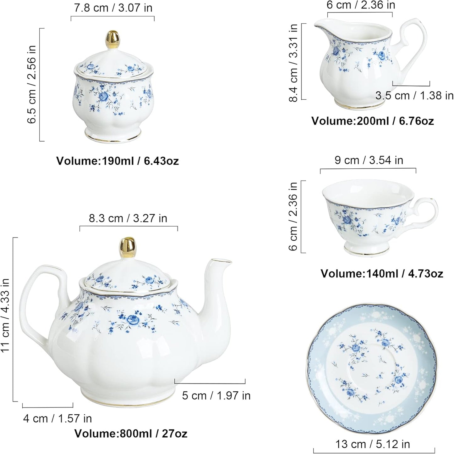 fanquare 15 Piece Blue Rose Porcelain Tea Set, British Floral Teapot with Tea Cups, Women Tea Party Set for 6