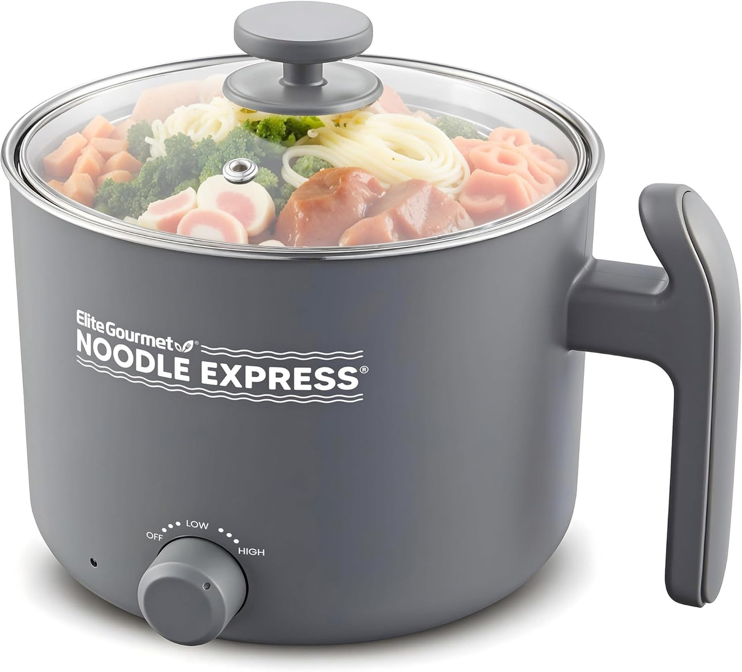 Elite Gourmet NOODLE EXPRESS™ Hot Pot, Prepare Ramen, Rice, Soups, Stews, Boil Water, Stainless-Steel Interior, Glass Lid, High/Low/Off Settings, Grey