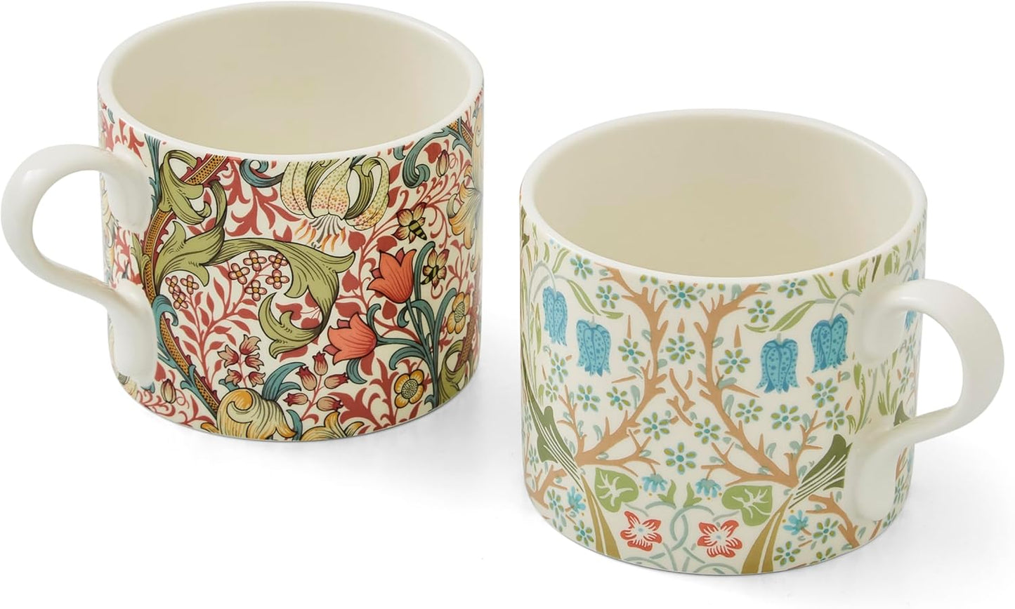 Spode Morris & Co Porcelain Mugs, Set of 2-12oz Microwave and Dishwasher Safe Tea & Coffee Cups for Kitchen Countertop or Home Brew Coffee Station, Great Gift for Mothers (Blackthorn & Golden Lily)