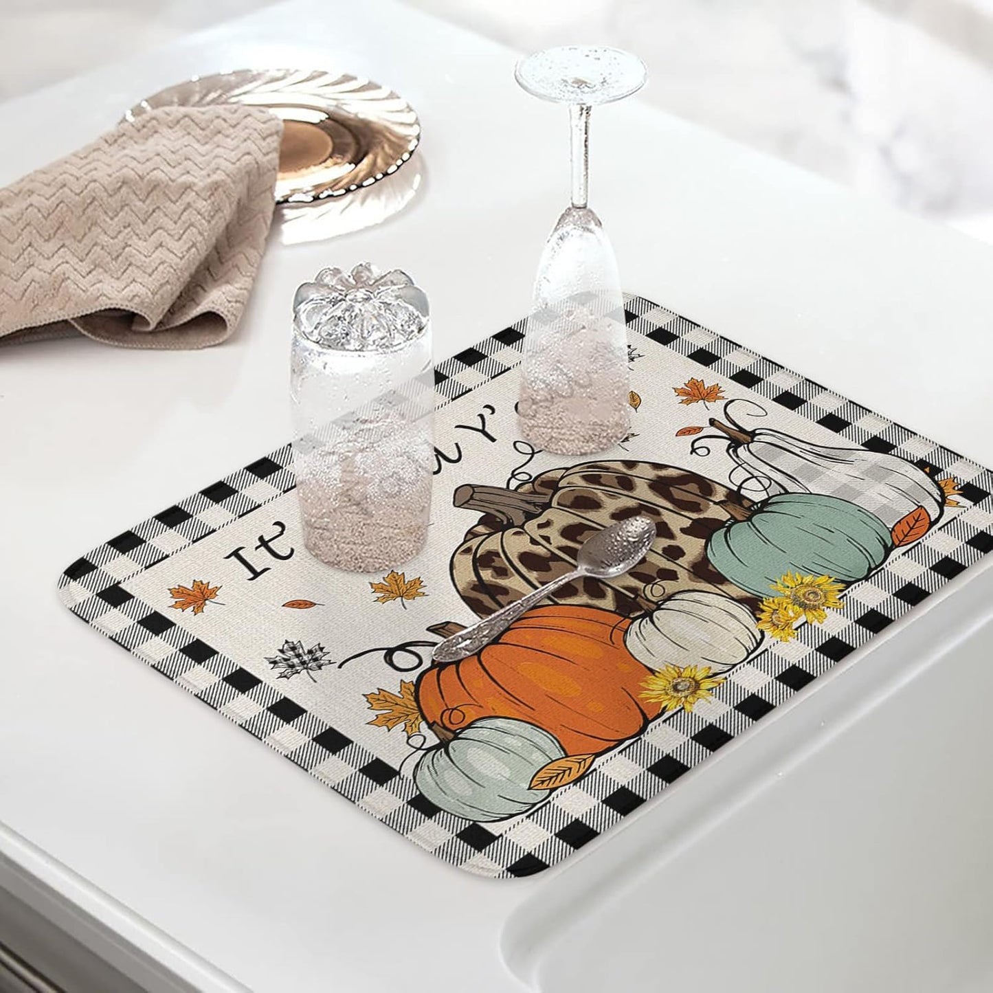 Fall Dish Drying Mat for Kitchen Counter Pumpkin Drying Pad Absorbent Drying Mats for Countertops Sinks Draining Racks Maple Leaves Black Buffalo Plaid Drainer Holiday Harvest Thanksgiving Decor 16x18