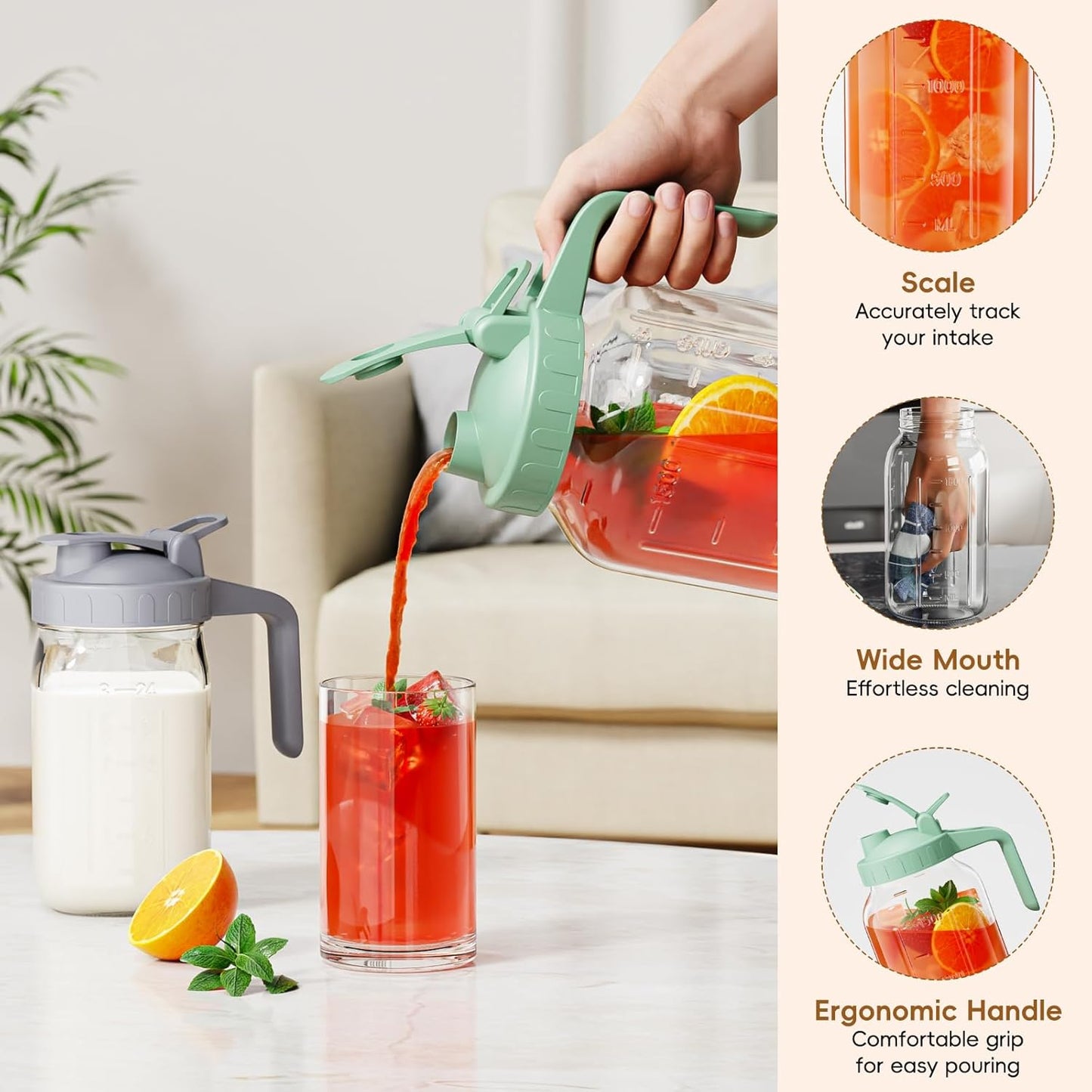 Glass Mason Jar Pitcher, 64 oz Wide Mouth Jug with Pour Spout Handle Lid for Cold Brew Coffee, Ice Beverage, Iced Juice, Lemonade, Sun Tea, Fruit Drinks Container（Pink）