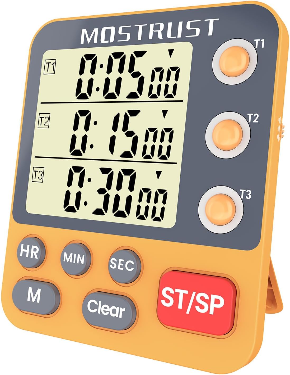 Digital Dual Kitchen Timer, 3 Channels Countdown Triple Timer for Cooking, Magnetic Memory-Preset Large Display Adjustable Alarm Volume, Multi Times Management, 3A Battery Included, Orange