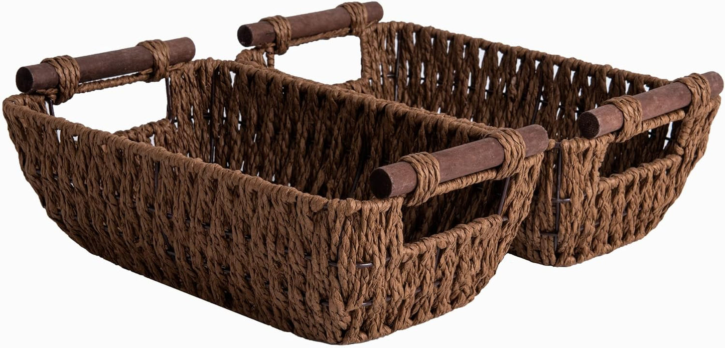 StorageWorks Handwoven Small Wicker Baskets, Round Paper Rope Storage Baskets with Wooden Handles, Dark Brown, 2-Pack