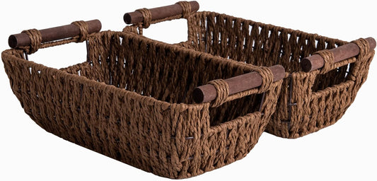 StorageWorks Handwoven Small Wicker Baskets, Round Paper Rope Storage Baskets with Wooden Handles, Dark Brown, 2-Pack