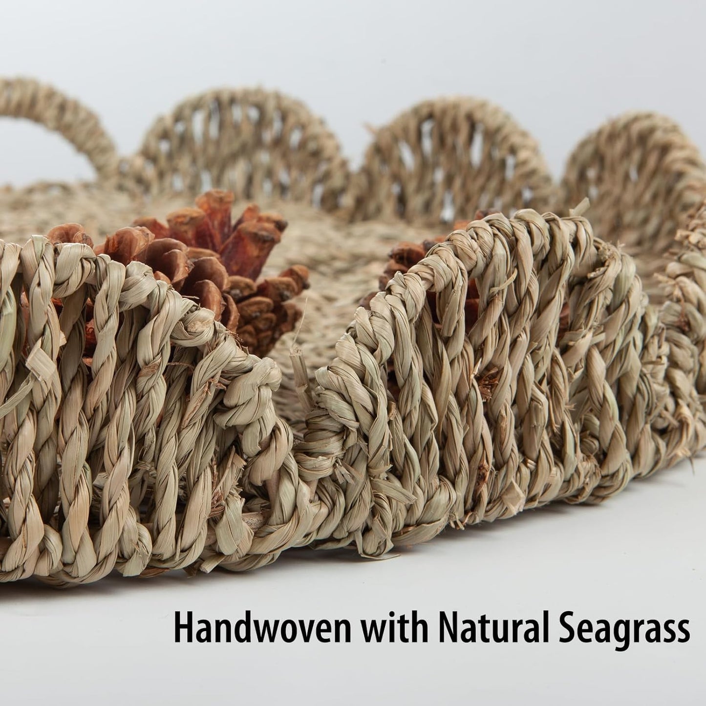 Round Ottoman Tray Large Wicker Serving Tray with Handles for Coffee Table, 20 Inch Handwoven Natural Seagrass Tray Scalloped Edges