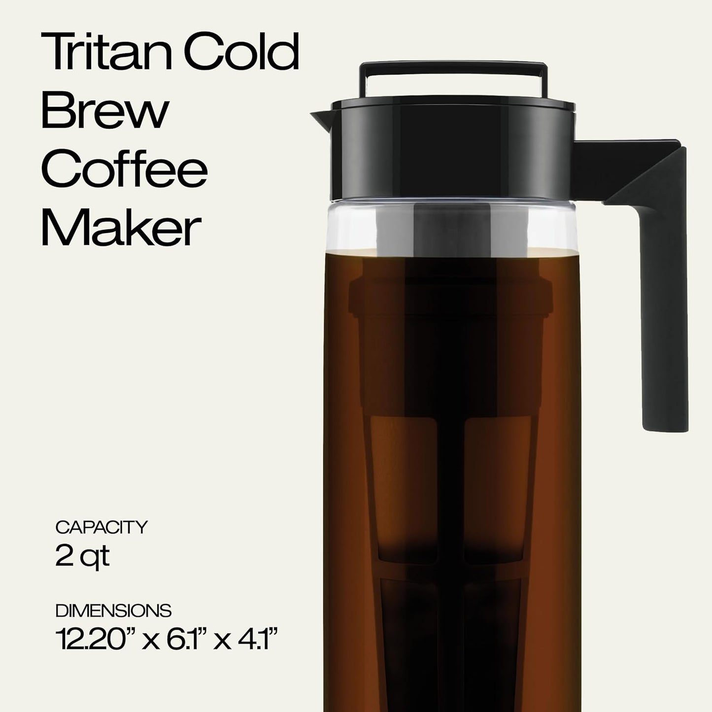 Takeya Tritan Cold Brew Coffee Maker - Airtight Pitcher with Leak-Free Lid - BPA-Free Cold Brew Maker with Silicone Handle - Dishwasher-Safe Pitcher for Homemade Cold Brew - 2 Quart, Black