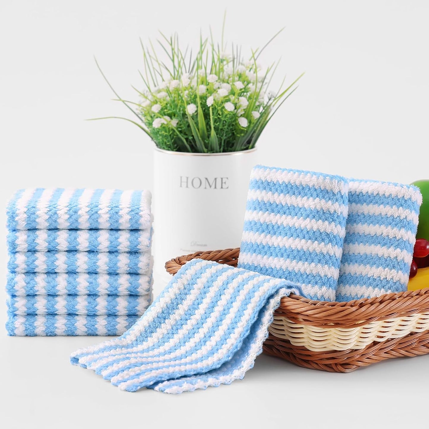 Homaxy 24 Pack Kitchen Dish Cloths, Ultra Soft and Absorbent Dish Towels, Reusable Fast Drying Microfiber Cleaning Cloth, Coral Velvet Wave Design No-lint, 10 x 10 inches, Blue