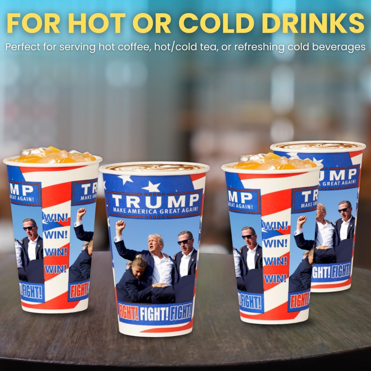 Smygoods Trump Design Disposable Paper Coffee Cups (16 OZ, 100 Count) For Hot Beverages, Tea, Espresso, Cocoa - To Go Drink Containers, Café & Office