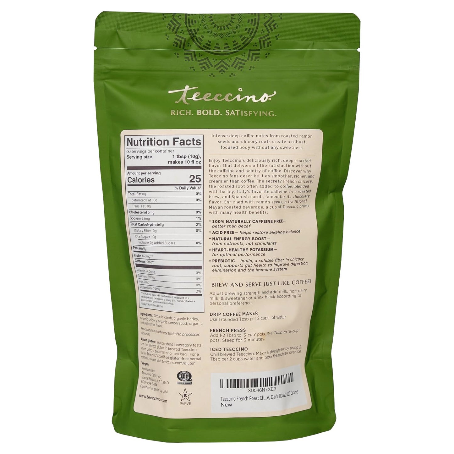 Teeccino French Roast Chicory Coffee Alternative - Ground Herbal Coffee That’s Prebiotic, Caffeine-Free & Acid Free, Dark Roast, 1.1 Pound