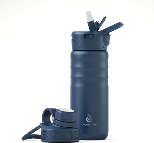 IDEUS Insulated Stainless Steel Water Bottle with 2 Leak-Proof Lids, Thermal Water Flask for Hiking Biking, 18oz, Navy Blue