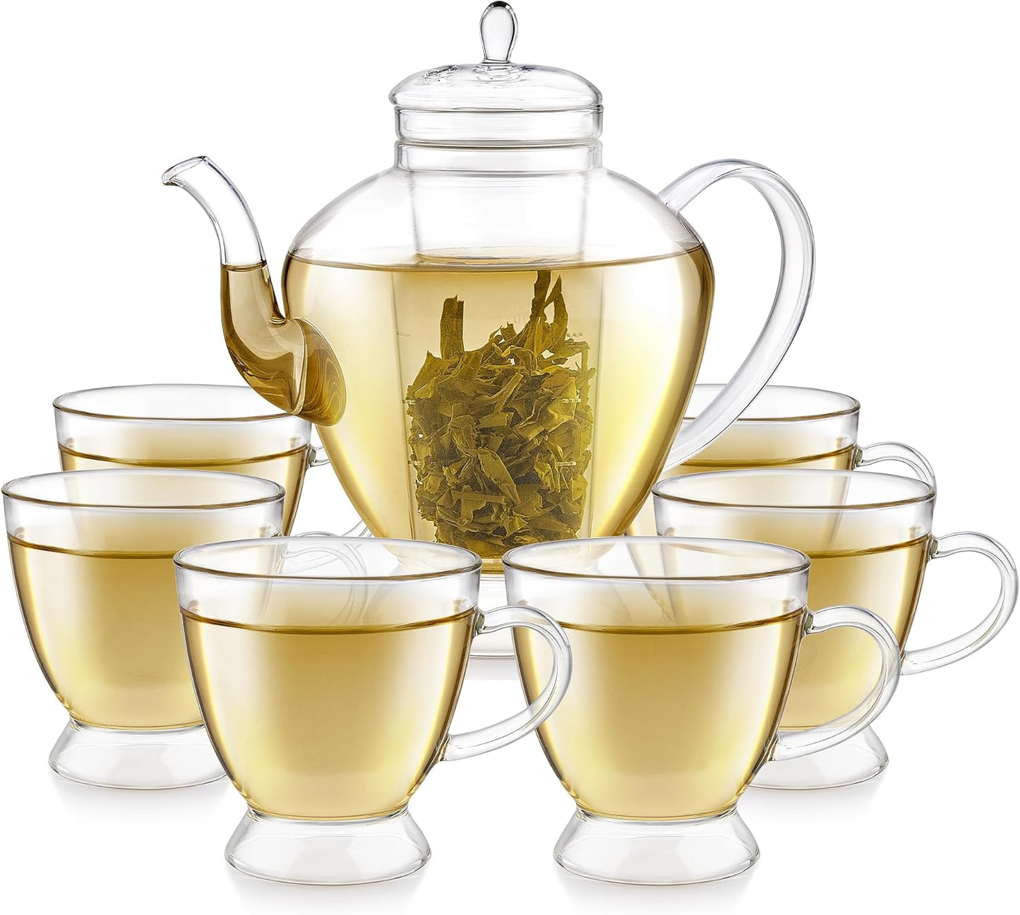 Teabloom Grand Bouquet Borosilicate Glass Tea Set for Six – Elegant 50oz Teapot with Microdot Infuser & Six 8oz Teacups – A Pure & Immersive Tea Experience – Tea Purist's Choice