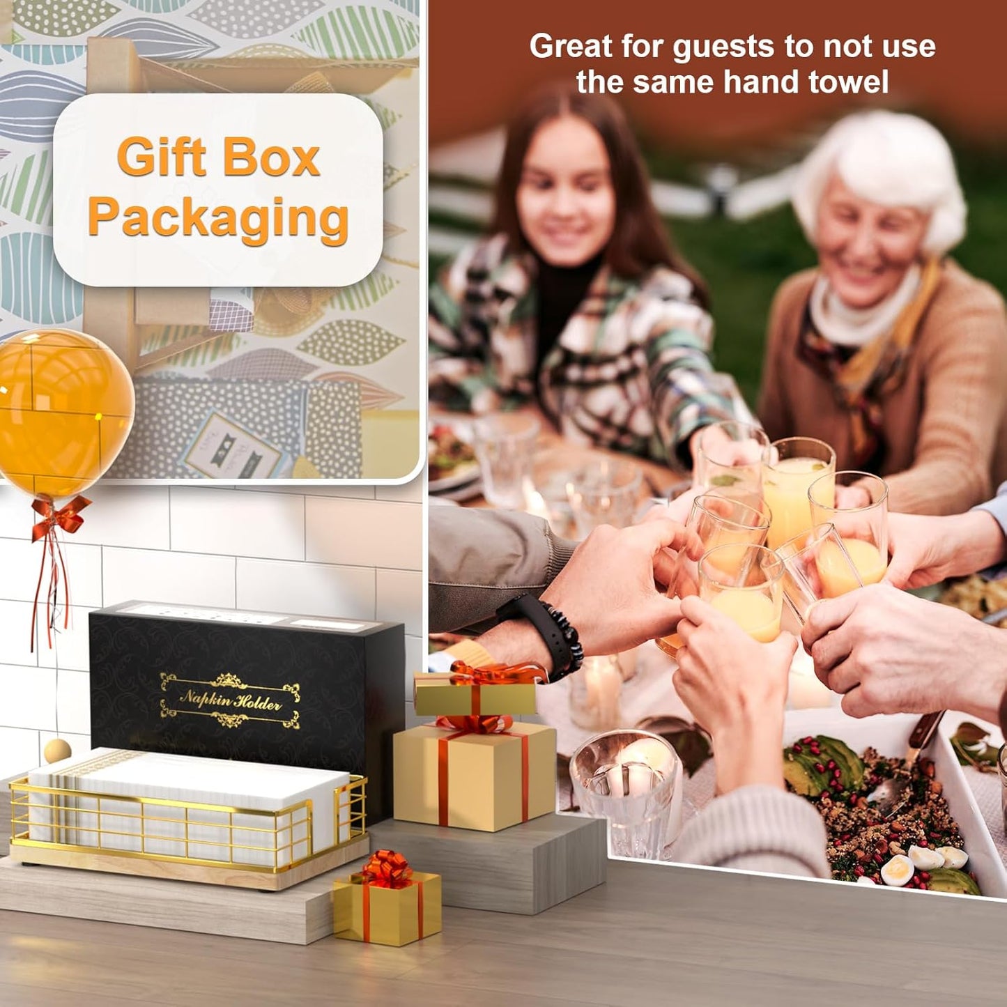 Wican Guest Towel Holder Tray for Bathroom, Oak and Iron Napkins Holder for Powder Room Dinning Table Wooden Basket for Disposable Paper Hand Towels Gold and Oak