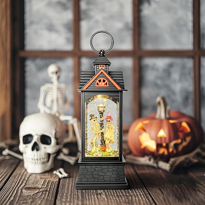 Halloween Snow Globe Lantern, Spooky Ghost Halloween Decor, Plug-in & Battery Operated Snow Globes for Halloween Decorations Indoor