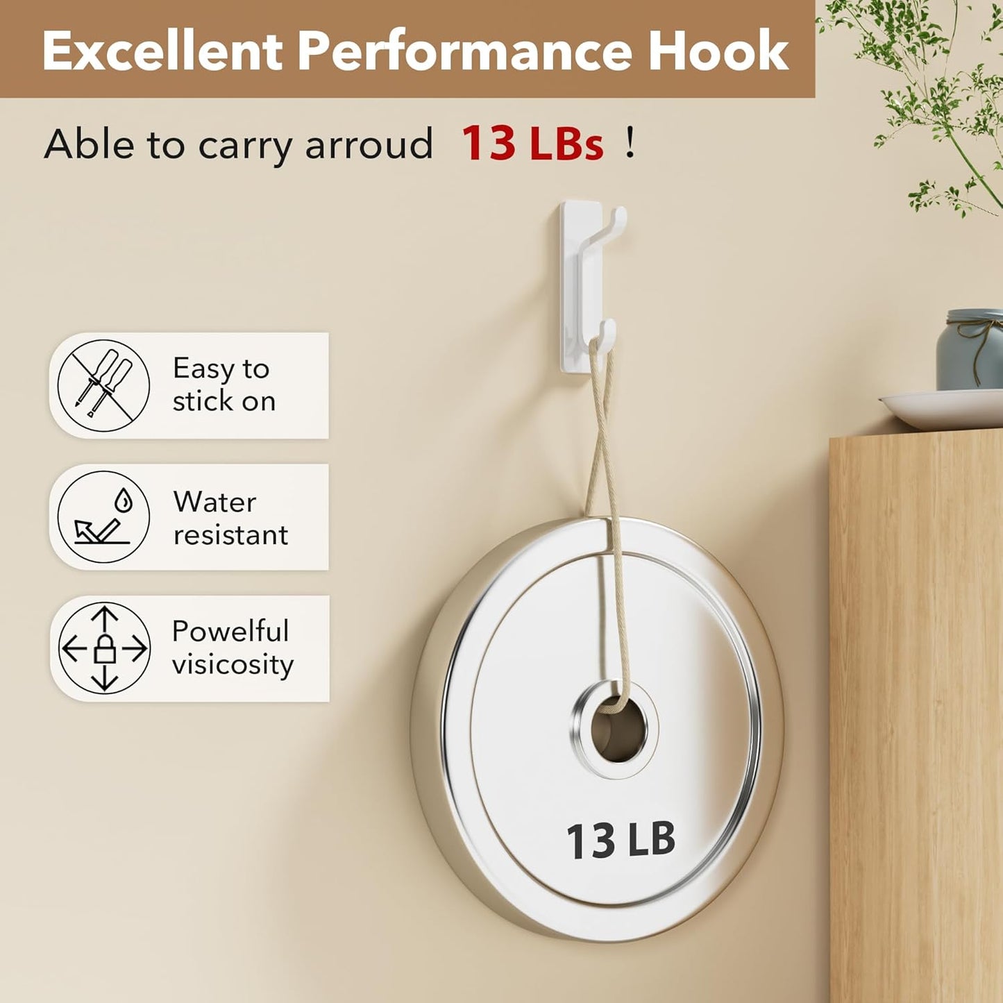 Wall Hooks for Coat and Towel: 13LB Adhesive Door Hanger Stick on, White 4 Pack