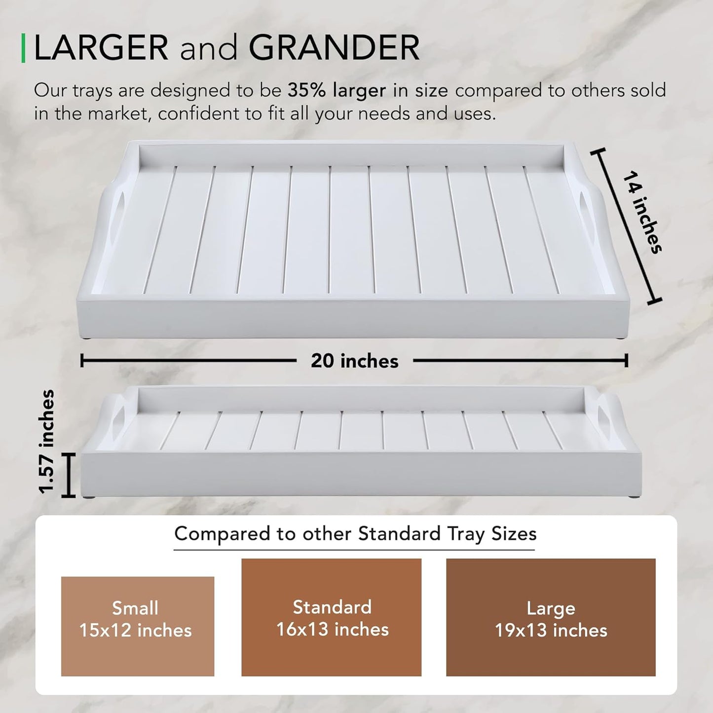 Large Wooden Serving Tray with Handles 20 x 14 inch Decorative Coffee Table Ottoman Tray for Living Room Extra Large for Kitchen Dinner Food Bar Breakfast in Bed (Color White)