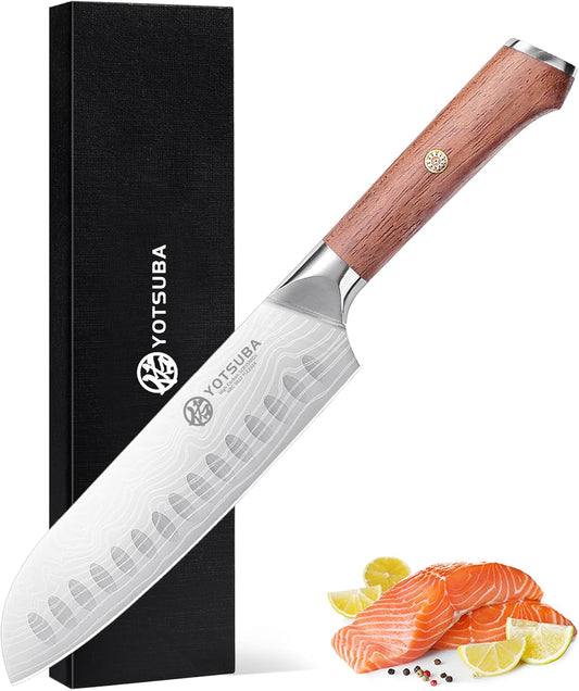 YOTSUBA Santoku Knife, 7 Inch Kitchen Knife, Sharp Japanese Knife with Wooden Handle, Forged High Carbon German Stainless Steel, Chef Knife for Home Chopping Vegetable and Cooking