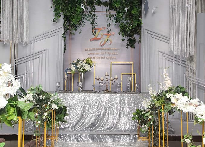 SquarePie Sequin Tablecloth 60 x 102 Inch Silver Bling Sparkly Table Cloth for Wedding Party