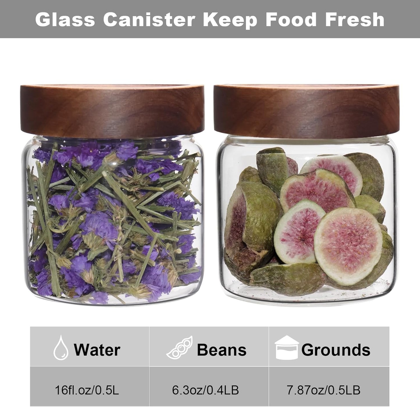 Glass Coffee Jars Spice Jar Round Storage Canister with Wooden Lid Clear Glass Food Jar for Pantry Sugar Tea Coffee Bean Spice Nuts Cookies Bath Salts (500ml/16oz-2pack)