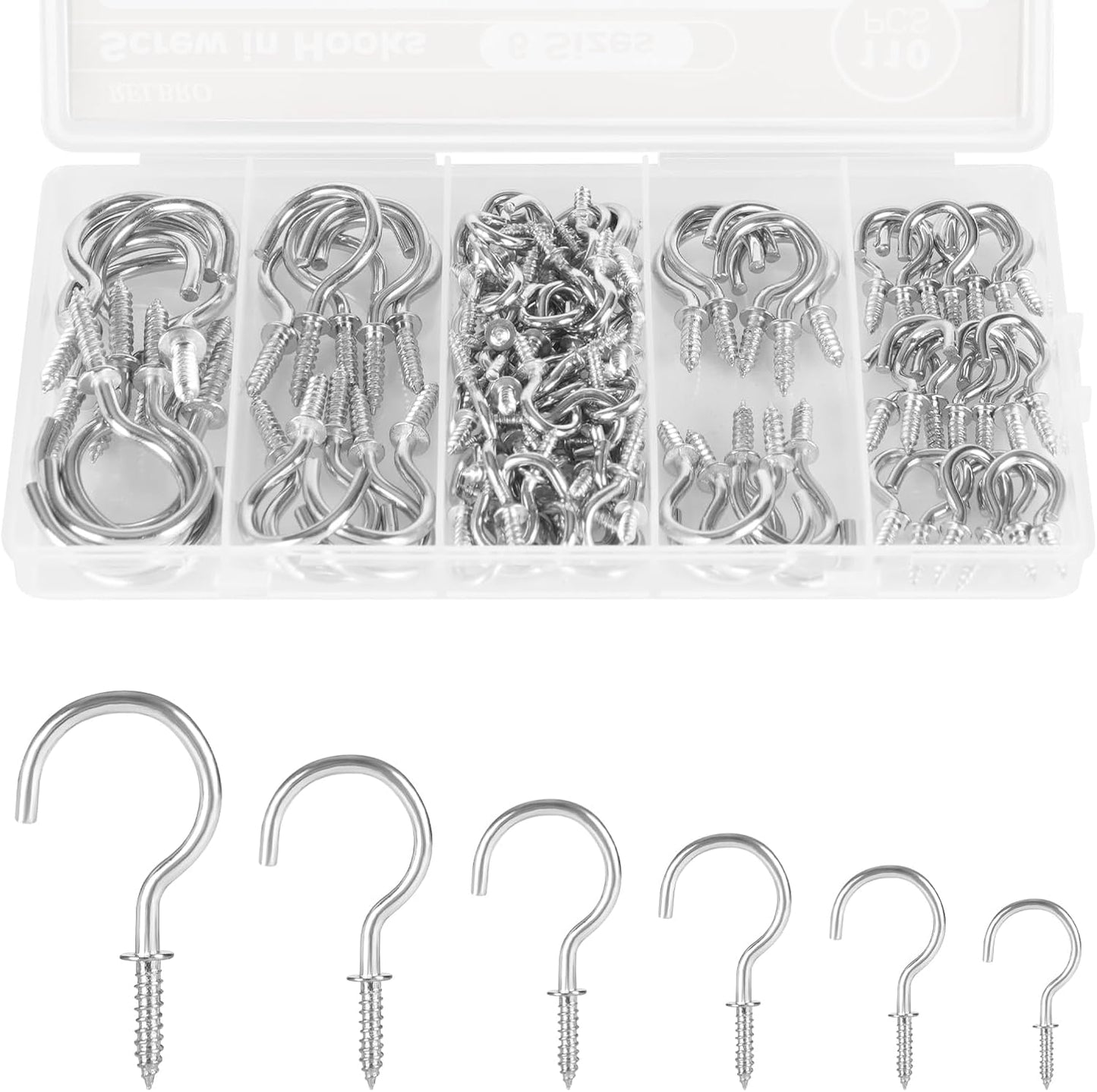 RELBRO Screw Hooks, 6 Sizes Metal Screw in Cup Hooks, 1/2 Inch, 5/8 Inch, 3/4 Inch, 7/8 Inch, 1 Inch, 1-1/4 Inch, Silver, 110 Pcs