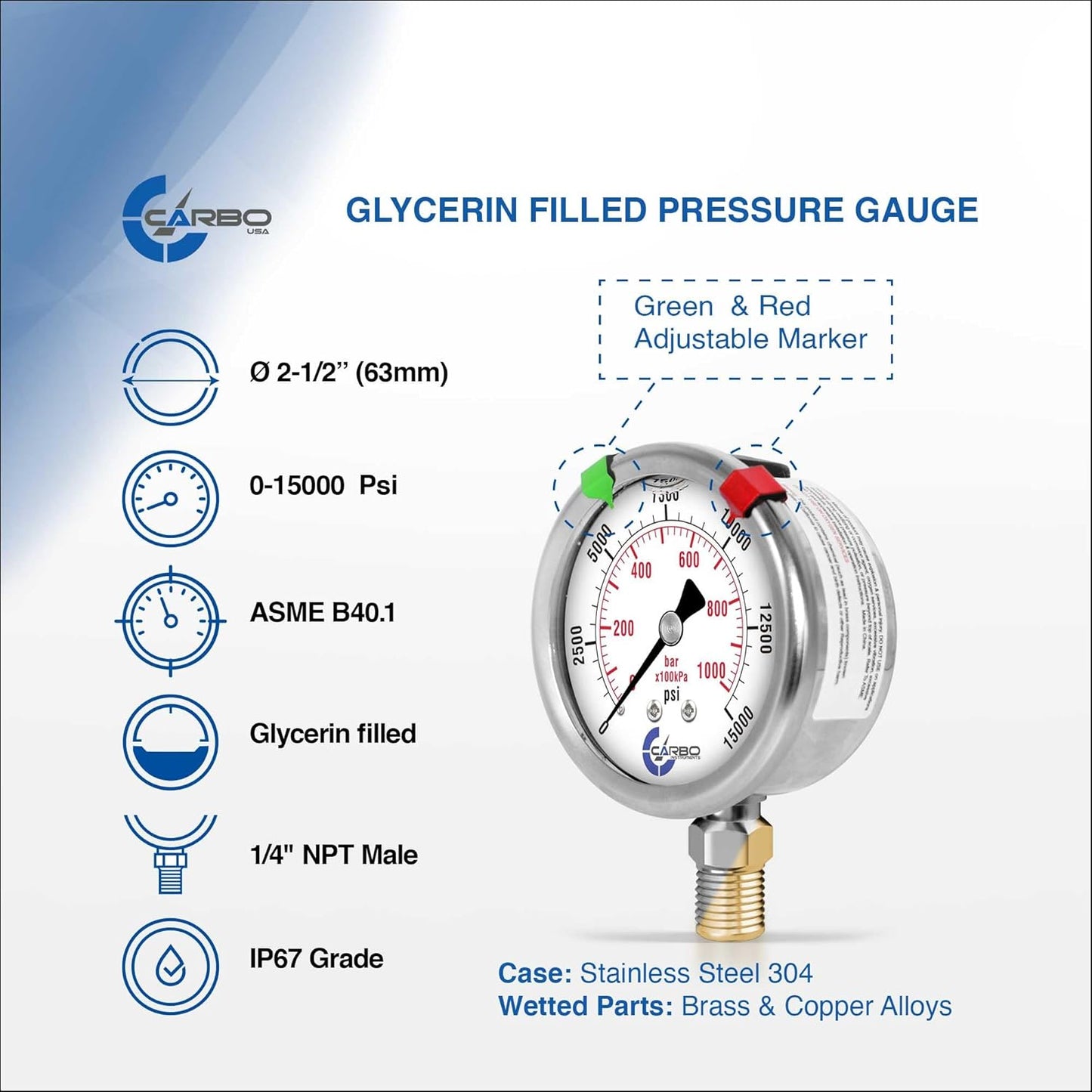 Stainless Steel Pressure Gauge Dual Display (15000 psi/kPa) - 2 1-2" Glycerine Liquid Filled Water Air Oil Gas Gauge with Polycarbonate Lens & Brass Connection -1/4" NPT Lower Mount