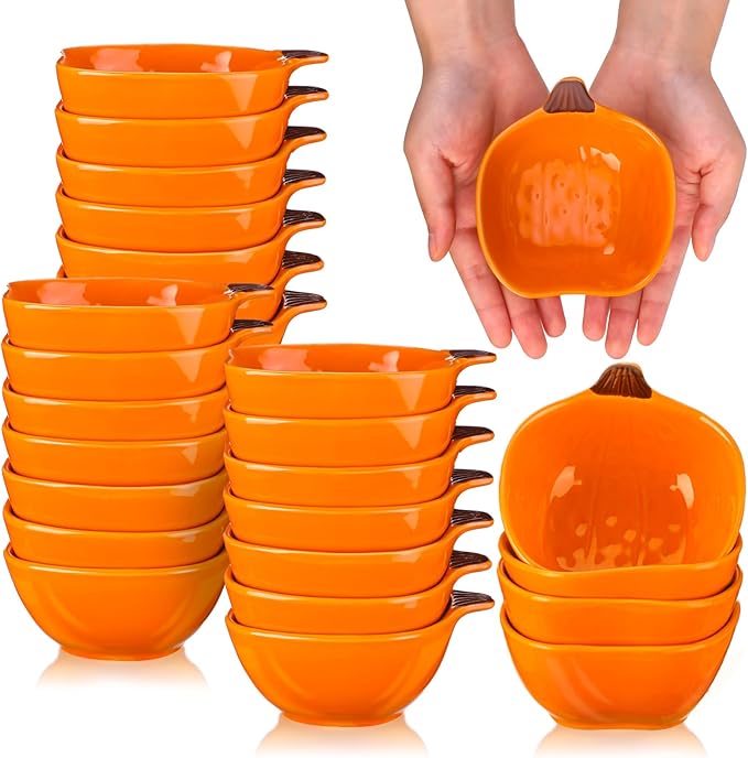 Dandat Fall Ramekins 6 oz Oven Safe Pumpkin Ceramic Ramekins Small Creme Brulee Dishes Dipping Pumpkin Baking Dish Shaped Bowl Plates for Serving Dip, Sauce, Condiments and Snack(24 Pcs)
