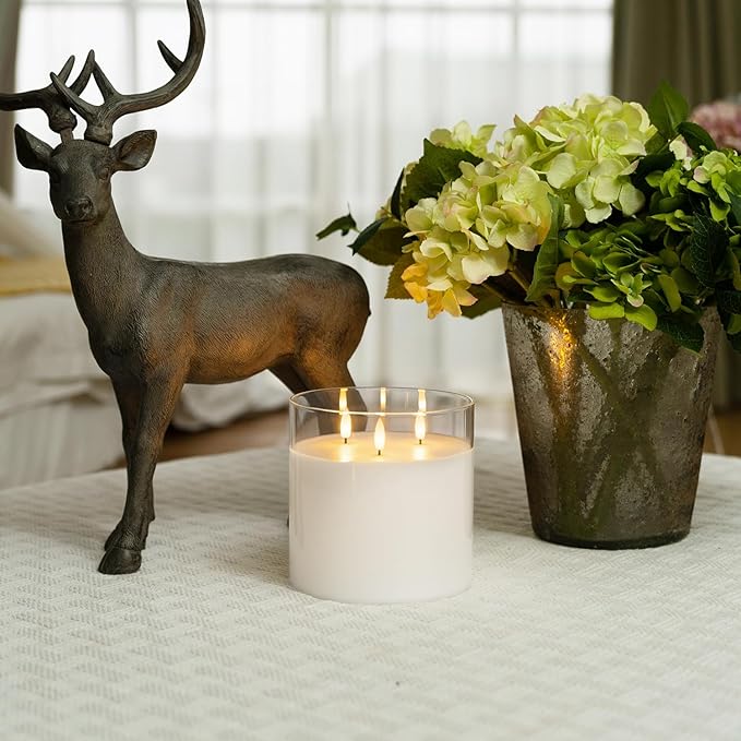 Homemory 6X6'' Extra Large Flameless Candle with 3 Wicks, Glass LED Pillar Candle, Real Wax Battery Operated Candle with Remote Control and Timer, Pure White