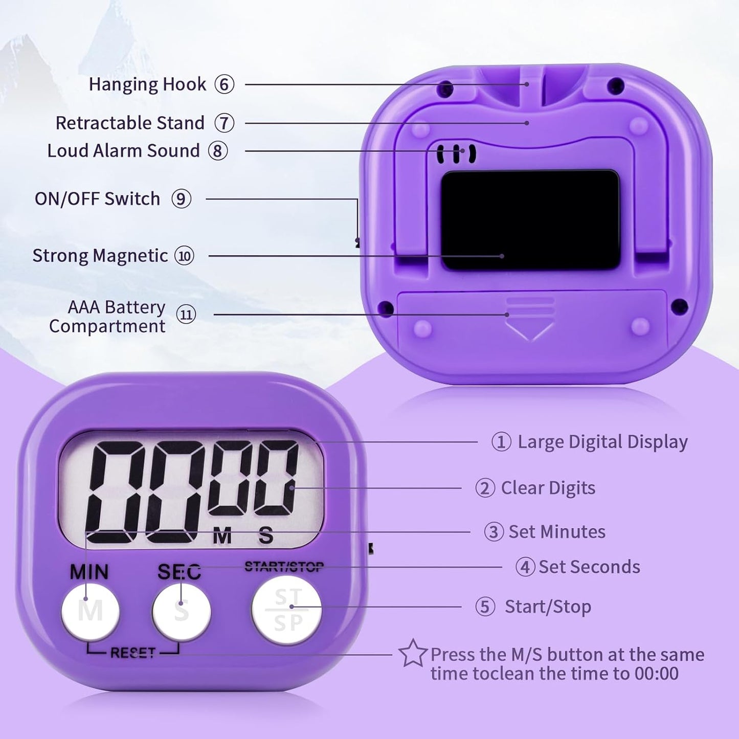 2 Pack Purple Digital Kitchen Timer Magnetic Digital Timer with Big Display Loud Ring Cooking Timers for Kitchen Electronic Timers for Cooking, Game, Gym, Break Time, Classroom (2, Purple)