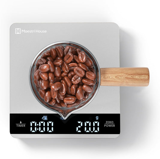 Mini Coffee Scale with Timer, Maestri House Rechargeable Espresso Scale, 2kg/0.1g Accurate Scale for Espresso and Pour-Over Coffee, Portable Digital Kitchen Scale with Automatic Timing-Silver